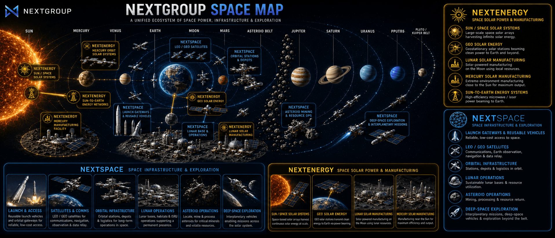 NextGroup space map showing NextSpace and NextEnergy operations across the solar system